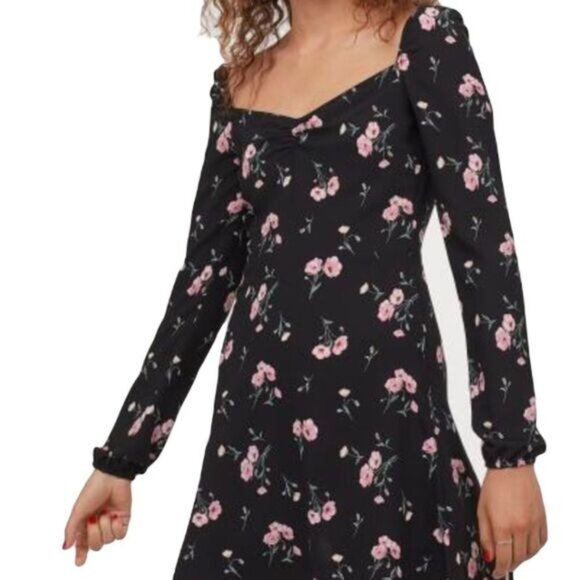 H&M Black Floral Long Sleeve Mini Dress With Square Neckline & Pink Rose Print - Picture 2 of 8